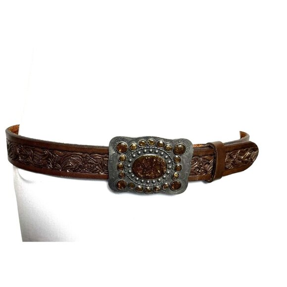 Vintage Tooled Leather Belt Size 38 Brown & Goldstone cabochons Womens Western - Picture 10 of 11